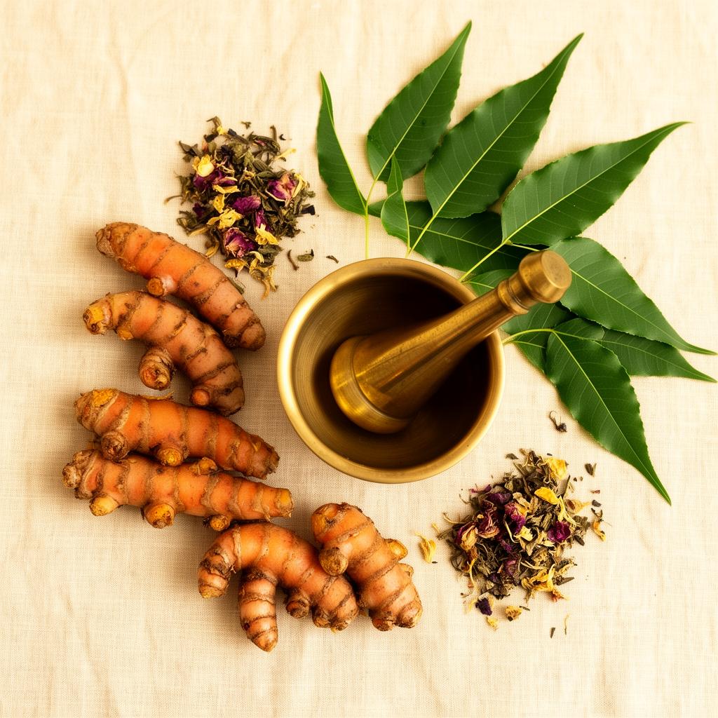 Ayurvedic herbs and brass mortar