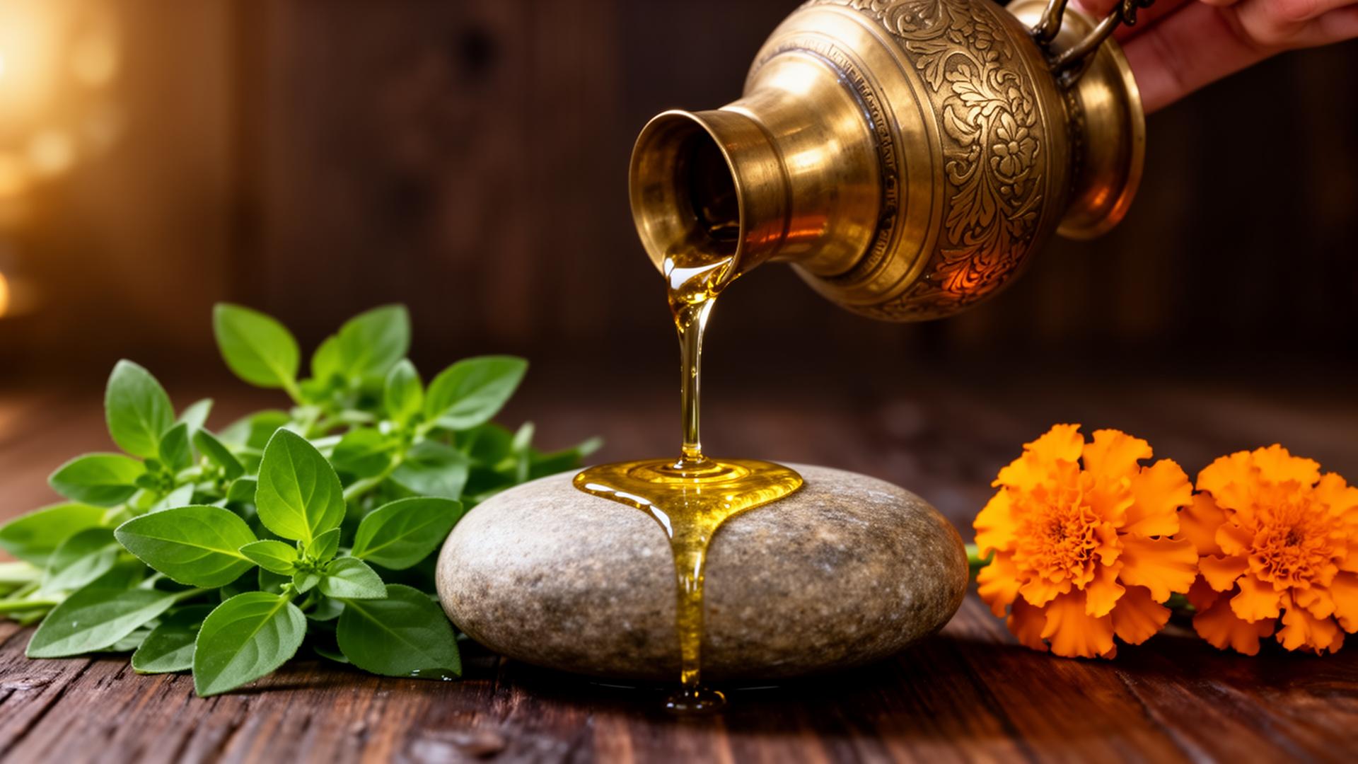Brass vessel pouring herbal oil in an Ayurvedic setting